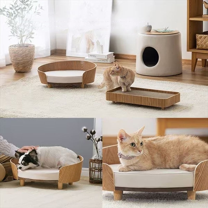Wooden Cat Nest & Dog Sofa Bed for Small Pets with Cushion
