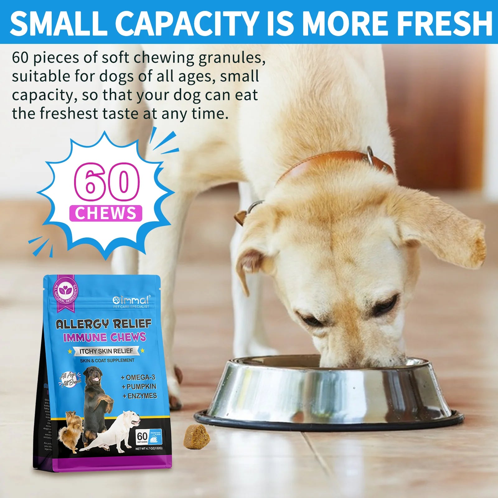 dog allergy relief chews, anti itch dog supplement, omega 3 skin and coat chews, pumpkin enzyme dog supplement, dog chews for allergies, itchy skin relief for dogs, natural allergy treatment for dogs, quercetin for dogs, peking duck flavor allergy chews, dog immune support chews