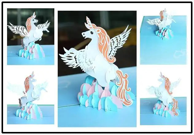 創意3D紙質生日彈出卡獨角獸飛馬節日派對邀請函賀卡明信片感恩節卡片