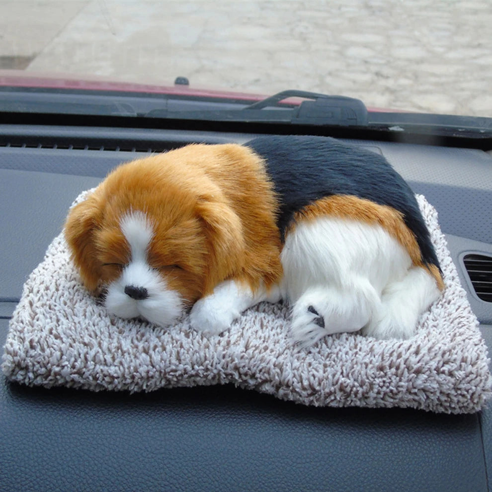 汽車儀錶板擺飾裝飾可愛模擬毛絨貓狗玩具汽車內裝兒童禮物汽車用品