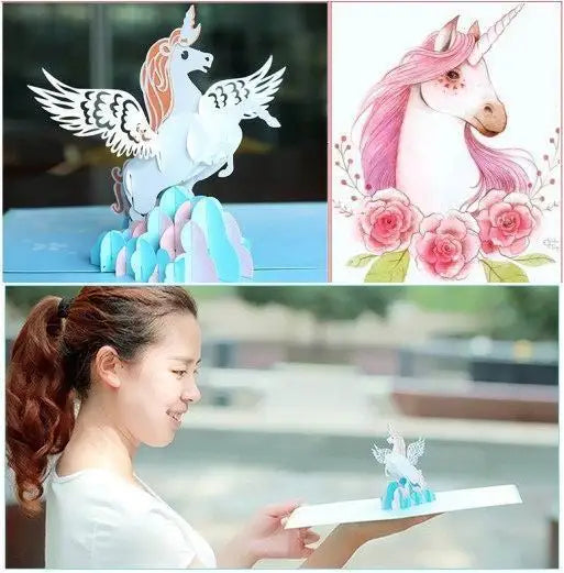 創意3D紙質生日彈出卡獨角獸飛馬節日派對邀請函賀卡明信片感恩節卡片