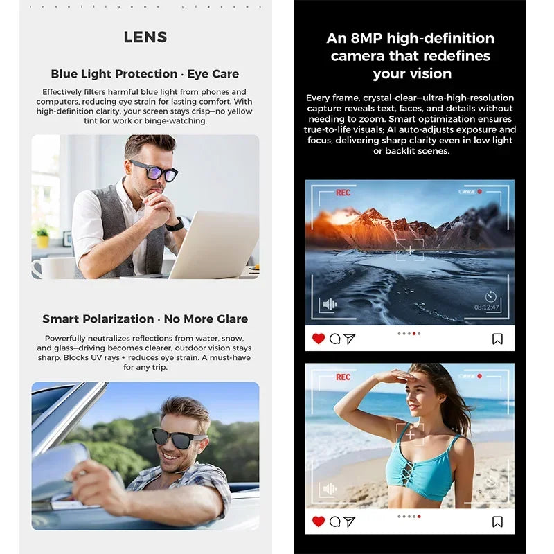 全新AI智慧專業級攝影眼鏡AI語音8MP高清視訊環繞聲音樂藍牙通話Wifi智慧眼鏡