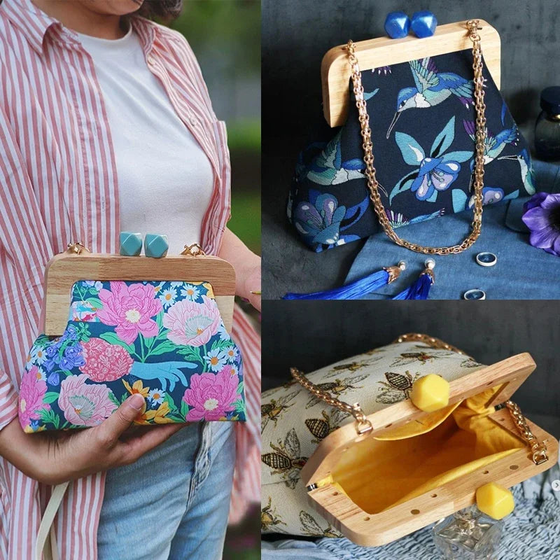 1PC 馬卡龍糖果色皮夾實木手柄框架復古包斜背包弧形實木樹脂頭金色DIY手柄