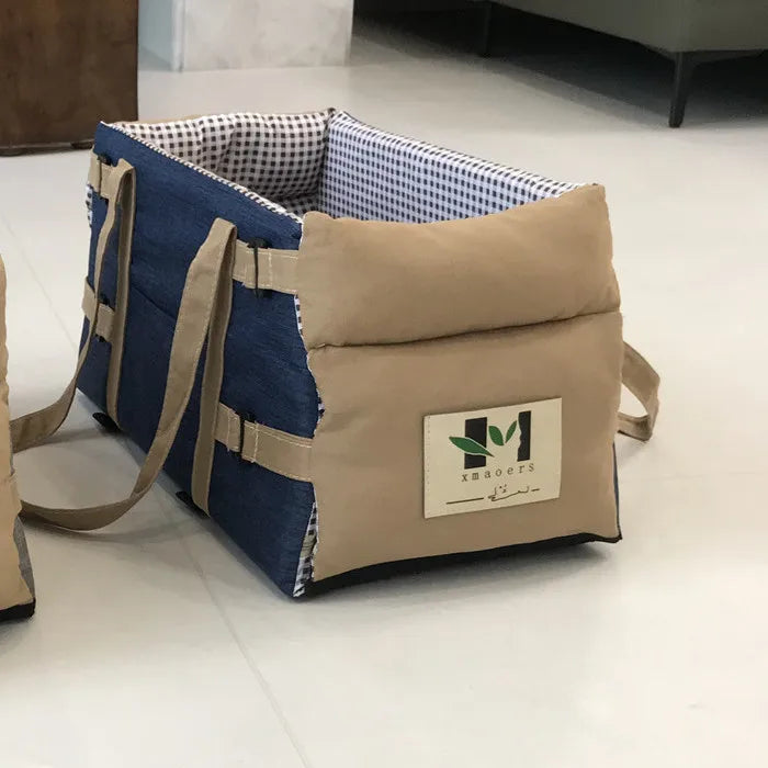 狗狗汽車安全座椅貓咪提籃-狗狗汽車安全座椅安裝在汽車扶手旅行袋上,適用於貓狗,配有背帶狗狗汽車控制台提籃