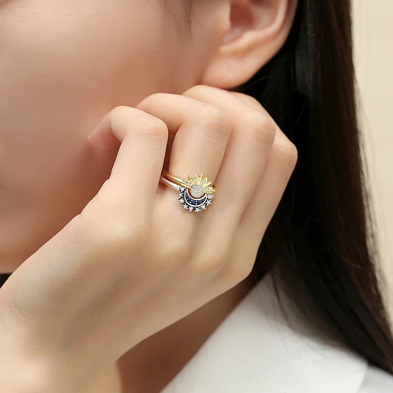 原始 925 純銀戒指女士皇冠愛心太陽月亮訂婚婚禮玫瑰金密鑲 CZ 戒指奢華珠寶
