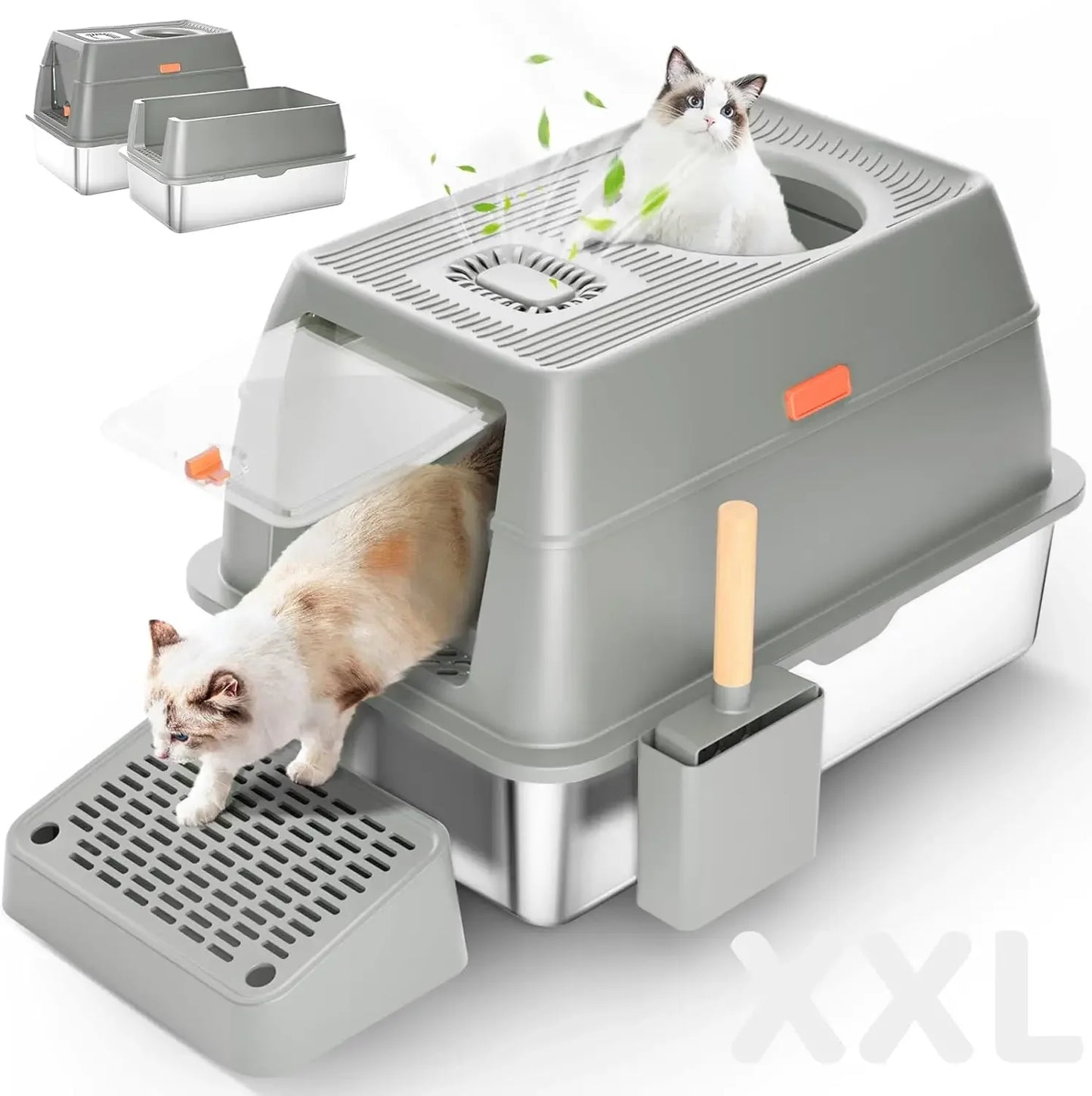 不銹鋼貓砂盆帶蓋 XXL 大型封閉式高邊貓砂盆帶可拆卸蓋子和鏟子無臭易