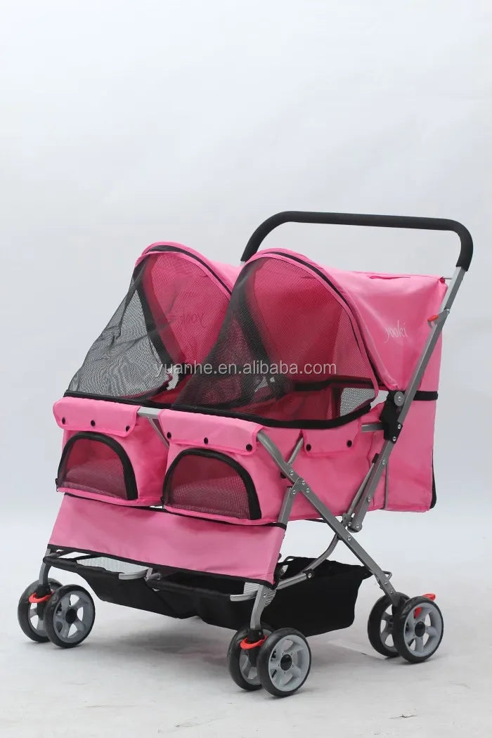 ペット用ベビーカー、高品質卸売折りたたみ式大型ダブルツインホイールペット用ベビーカー2匹用
