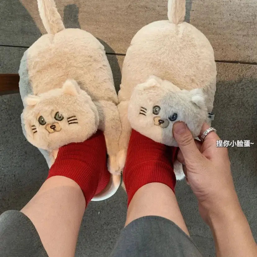 可愛抱抱貓拖鞋女男冬季家居拖鞋可愛地板鞋毛茸茸拖鞋女童白色穆勒鞋趣味可愛禮物拖鞋