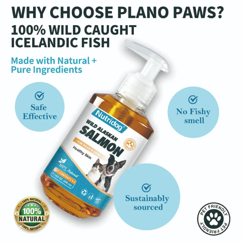 高效能 Omega-3 寵物皮膚和毛髮保健品,含天然野生阿拉斯加鮭魚油,適用於狗和貓 - 200 毫升