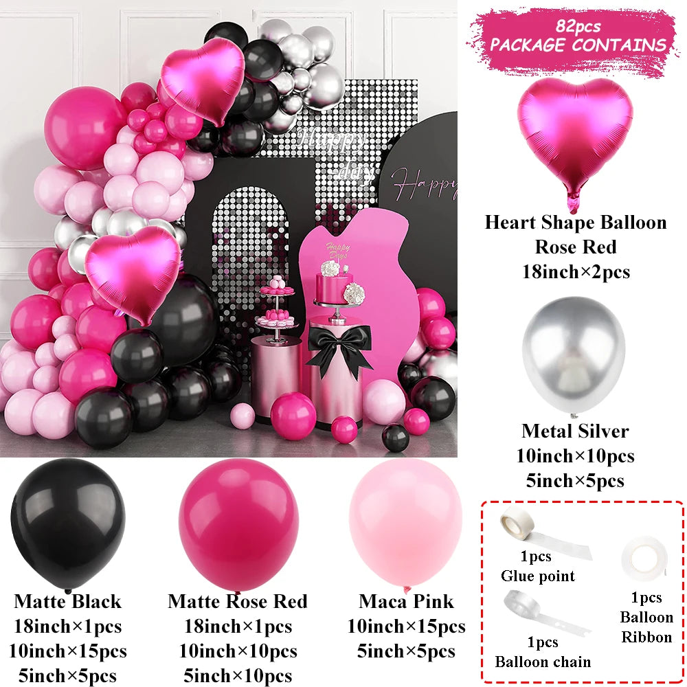 黑玫瑰粉紅氣球拱門組情人節愛心金屬氣球婚禮生日女孩派對裝飾嬰兒洗禮球