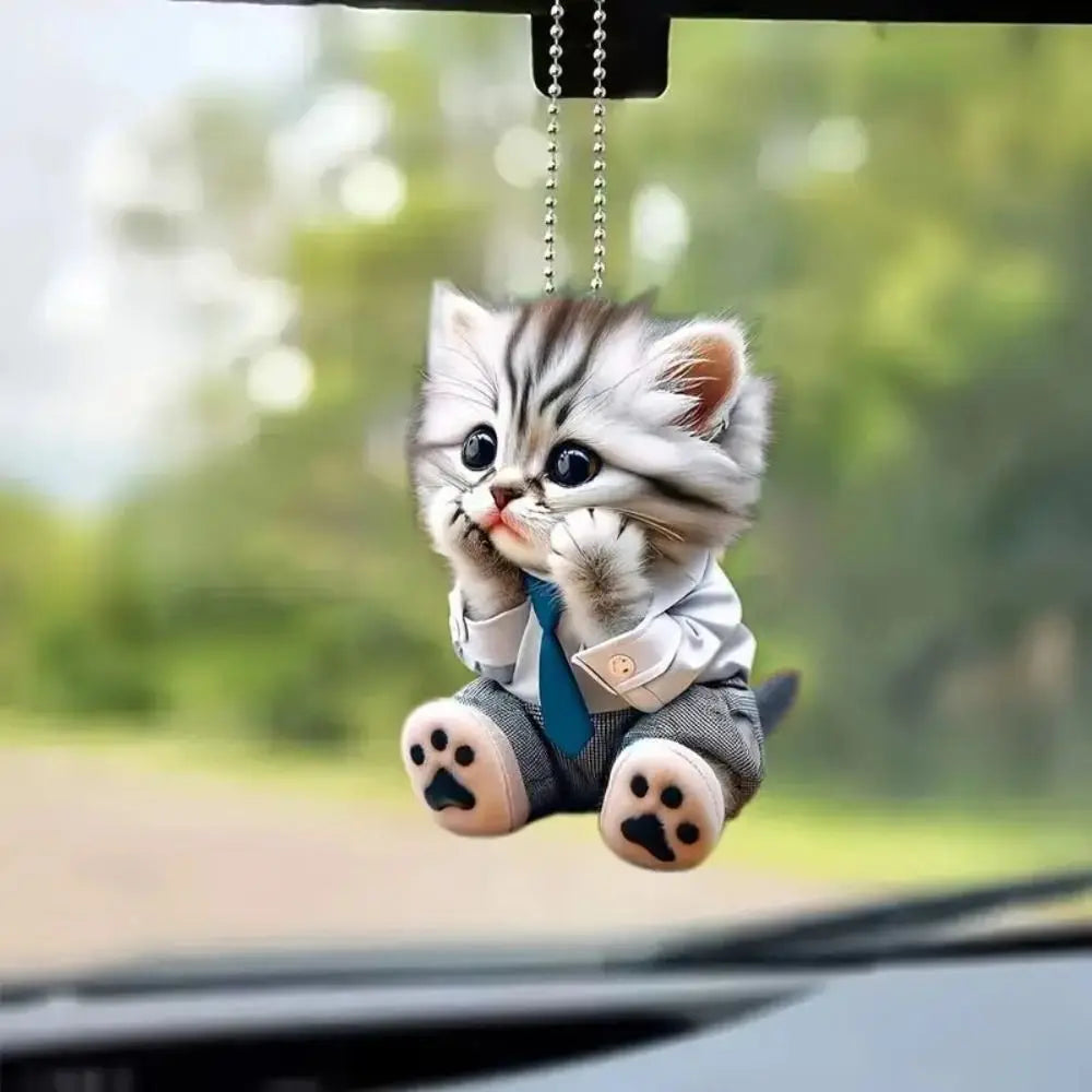 Acrylic 2D Plane Cartoon Cat Car Mirror Pendant with Chain Automotive Hanging Ornament Rear View Mirror Car Interior Decoration