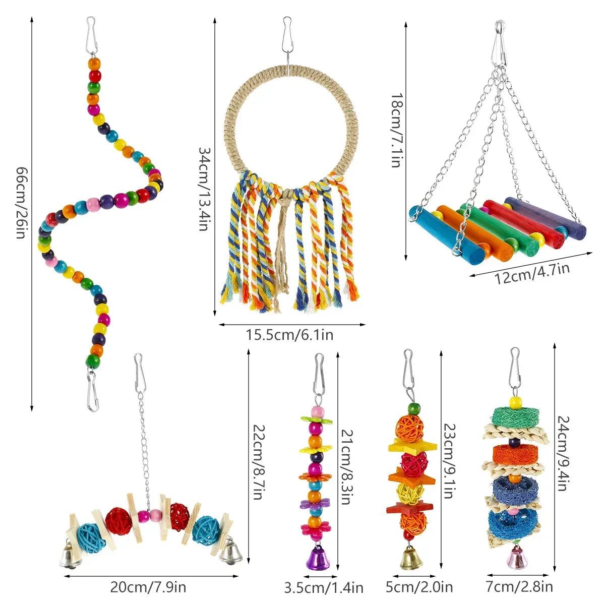 7 件鸚鵡玩具木質彩色鳥形鞦韆玩具懸掛鸚鵡咀嚼玩具鸚鵡玩耍訓練玩具,適合長尾小鸚鵡