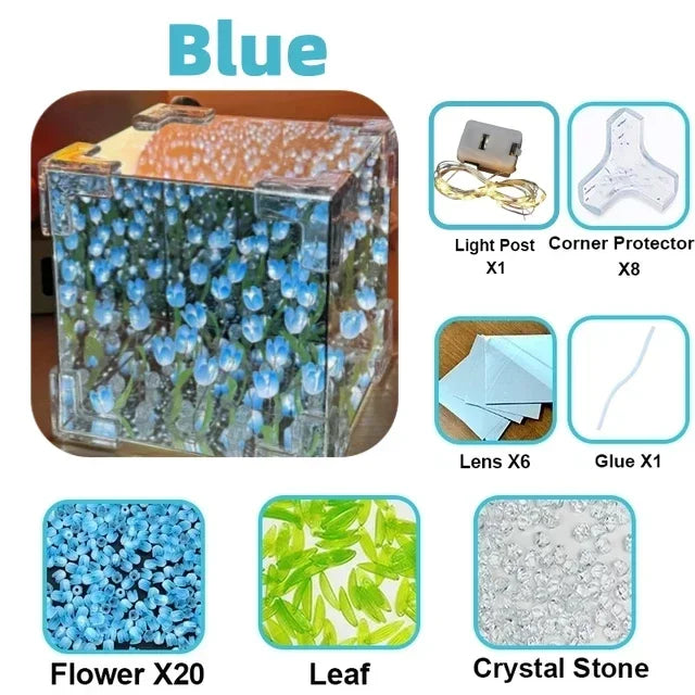 DIY鬱金香鏡面立方燈仿真花臥室睡覺檯燈手工藝鬱金香鏡面小夜燈生日禮物