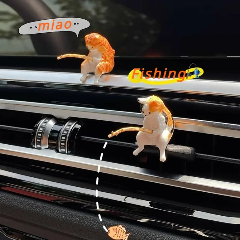 釣魚貓汽車內裝裝飾可愛樹脂帶管眼鏡汽車後視鏡掛件出風口車載飾品