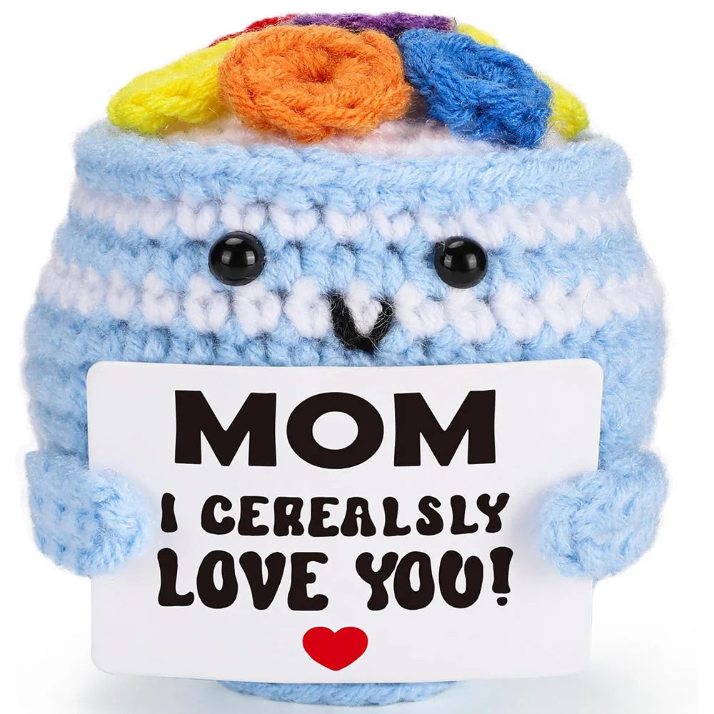 Handmade Crochet Cereal Bowl with Positive Card for Mothers Day Birthday Home Room Decoration Knitted Cereal Bowl Desk Ornament