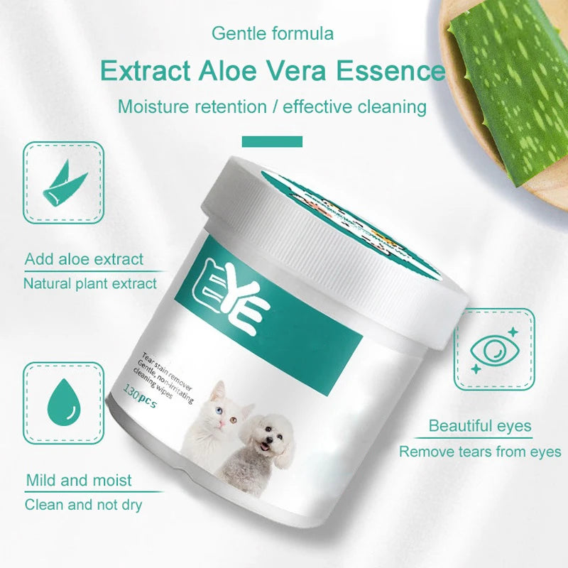 Pet Eye Wipes for Cats & Dogs – Tear-Free Wet Cleaning Wipes (130pcs)