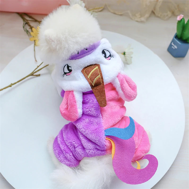 超柔軟羊毛寵物服裝,適合小狗秋冬毛絨保暖狗連身衣,四腳恐龍獨角獸角色扮演貓服裝