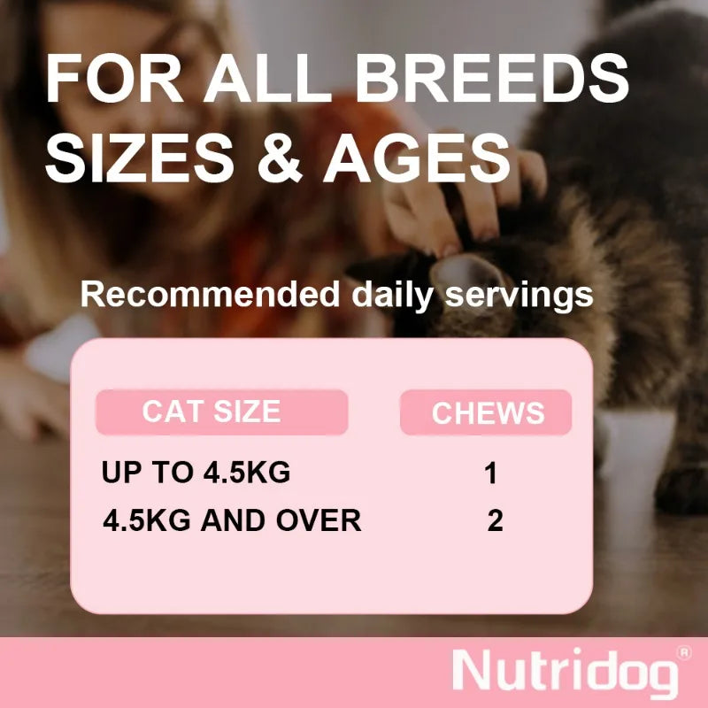 スキン&コート キャットチュー - 健康な皮膚、光沢のある毛並み、抜け毛防止のためのオメガ3、ビタミンE、ビオチンサプリメント、サーモン風味