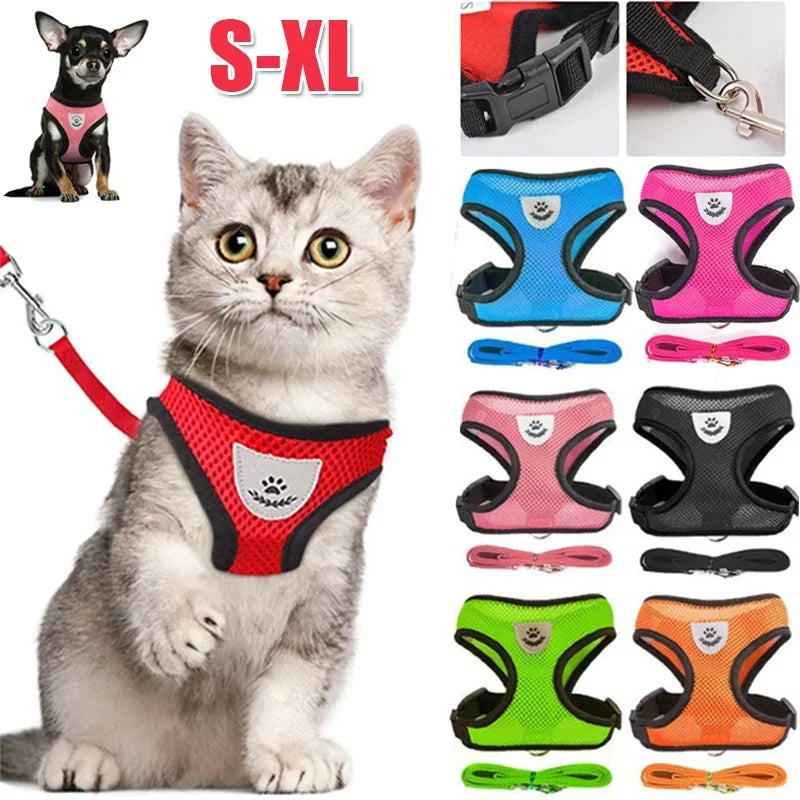 猫犬用ハーネス リード付き 調節可能なベスト ポリエステルメッシュ 通気性ハーネス 反射素材 小型犬用 猫用アクセサリー