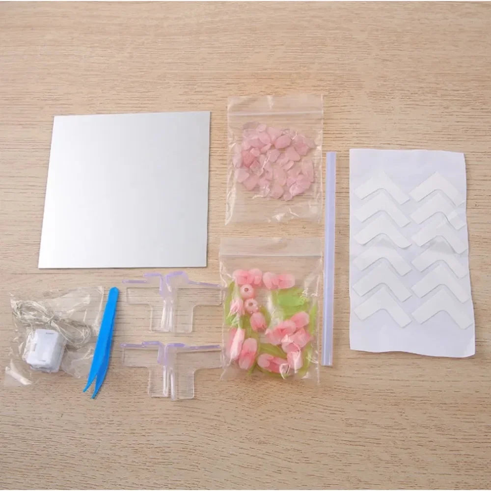 DIY鬱金香鏡面立方燈仿真花臥室睡覺檯燈手工藝鬱金香鏡面小夜燈生日禮物