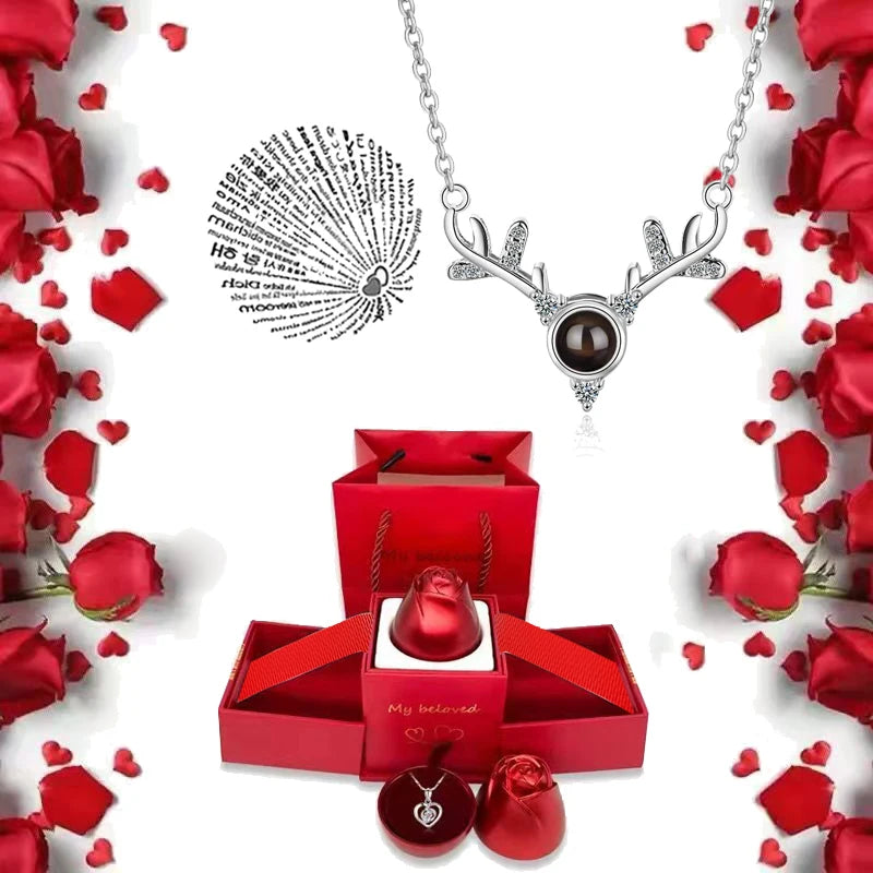 我愛你項鍊配玫瑰禮盒 100 種語言投影吊墜首飾 送給女朋友 2023 新款浪漫配件