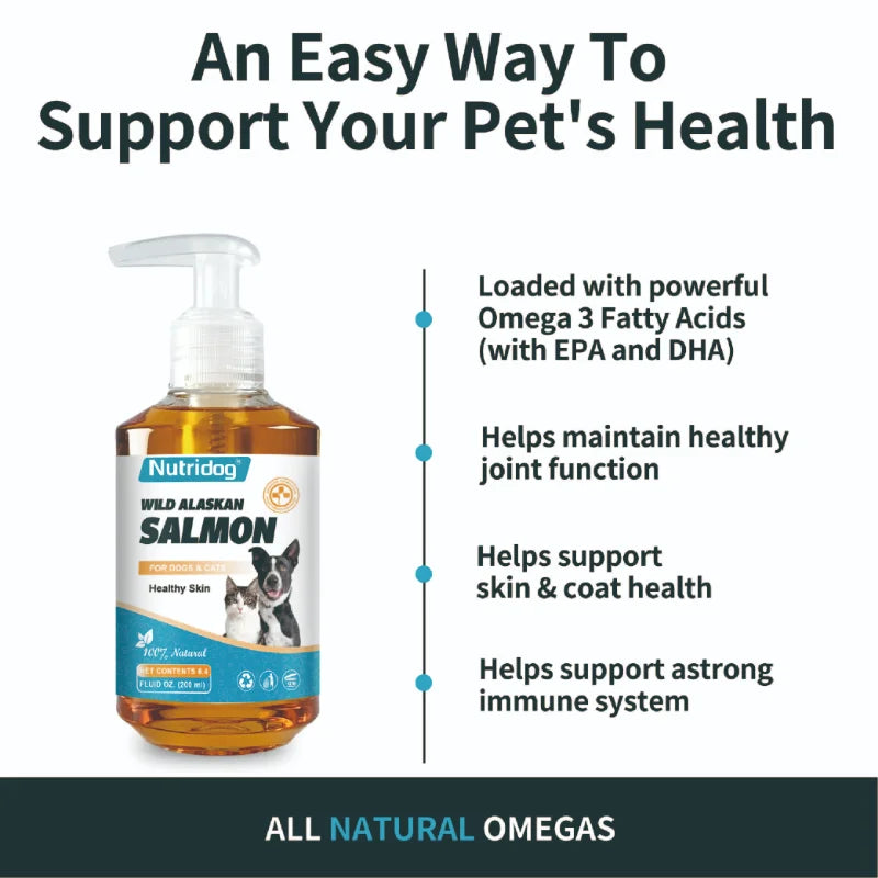 高效能 Omega-3 寵物皮膚和毛髮保健品,含天然野生阿拉斯加鮭魚油,適用於狗和貓 - 200 毫升