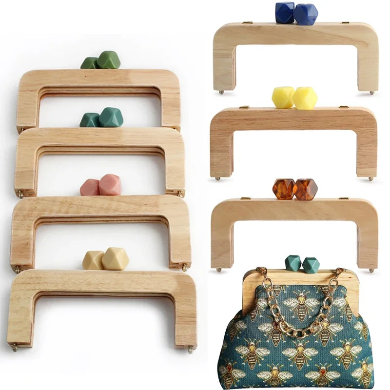 1PC 馬卡龍糖果色皮夾實木手柄框架復古包斜背包弧形實木樹脂頭金色DIY手柄