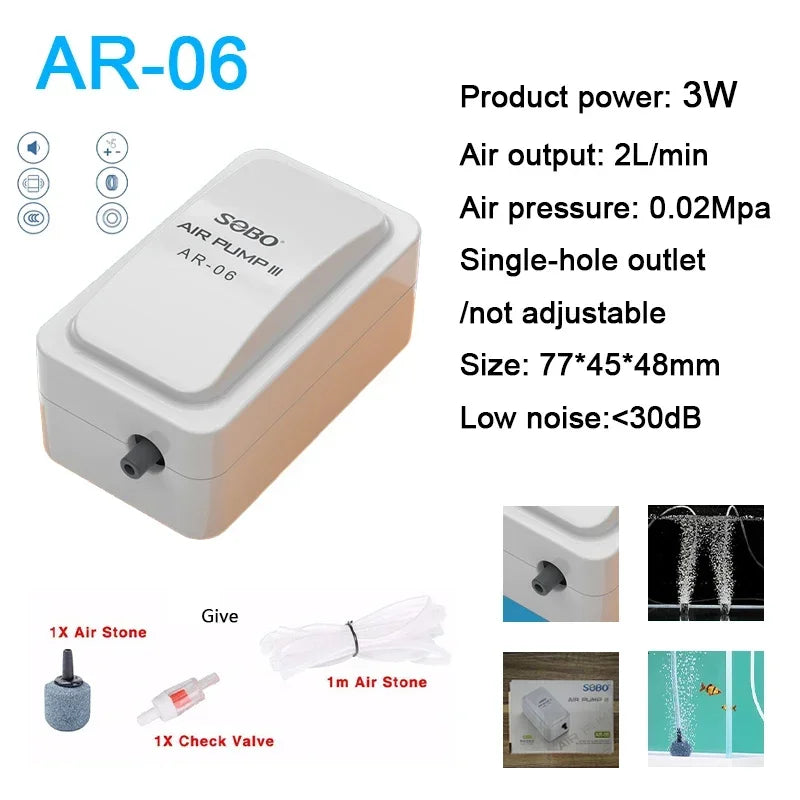 SOBO高功率3W/6W靜音氧氣幫浦魚缸增氧幫浦家用增氧機小型魚缸氣壓幫浦歐盟110V-240V