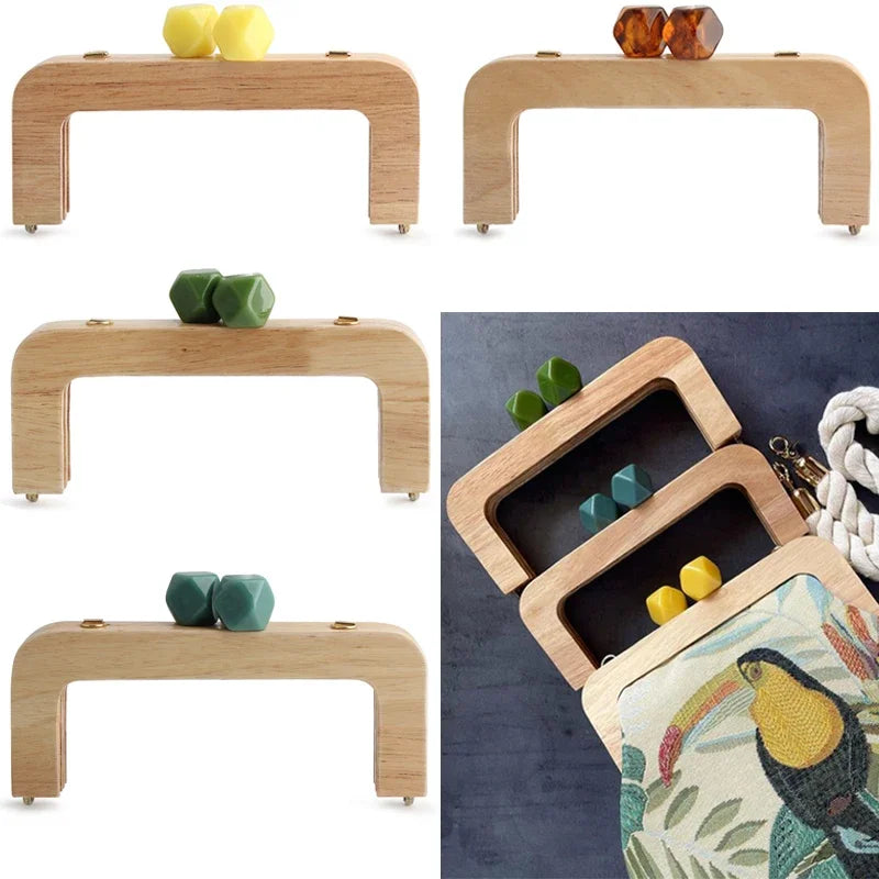 1PC 馬卡龍糖果色皮夾實木手柄框架復古包斜背包弧形實木樹脂頭金色DIY手柄