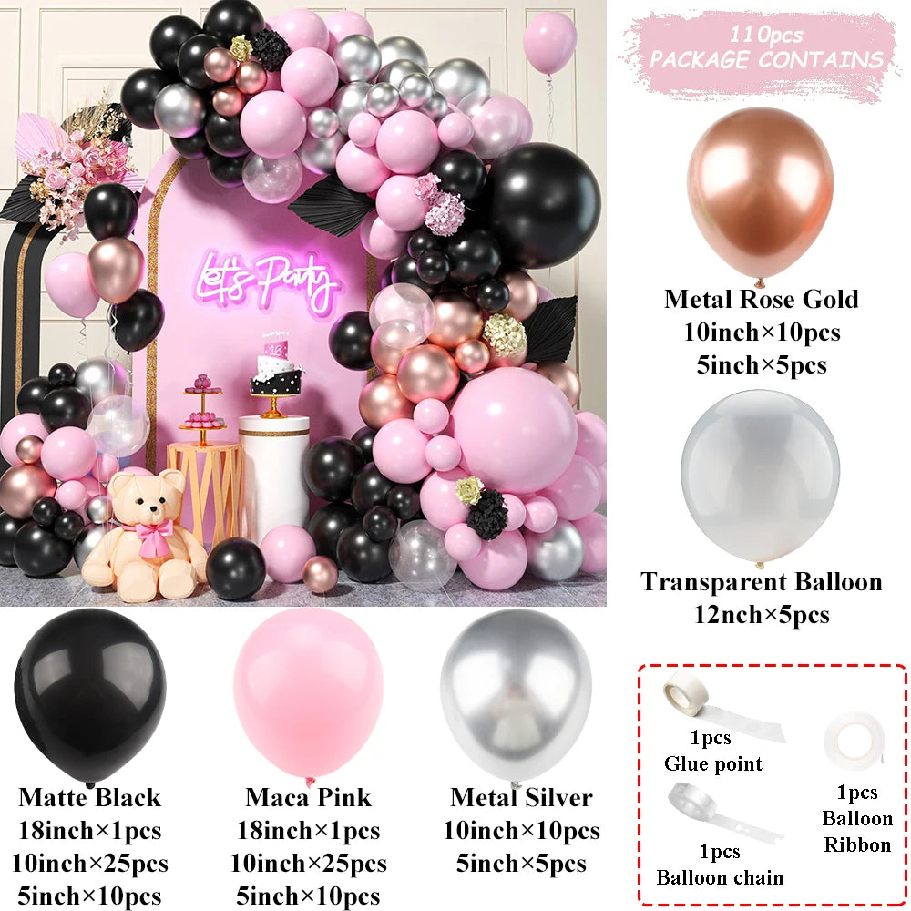 Black Rose Pink Balloon Arch Set Valentine's Day Love Heart Metal Ballons Wedding Birthday Girl's Party Decor Baby Shower Globos