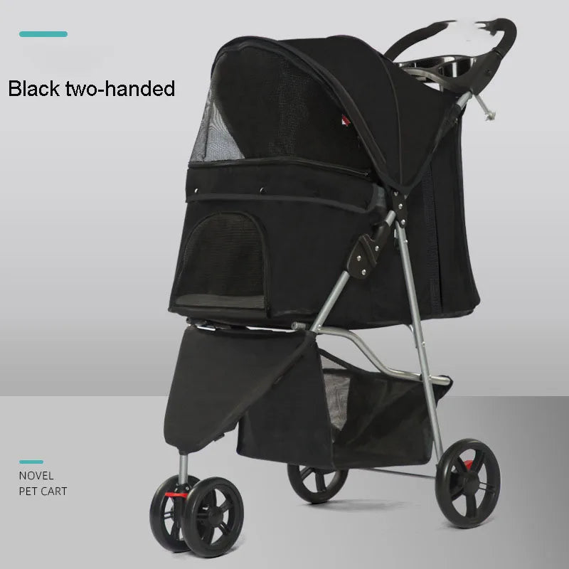 三輪軽量折りたたみ式ペットベビーカー 屋外用 小型犬・猫用ベビーカー 収納ホルダー カップバスケット付き