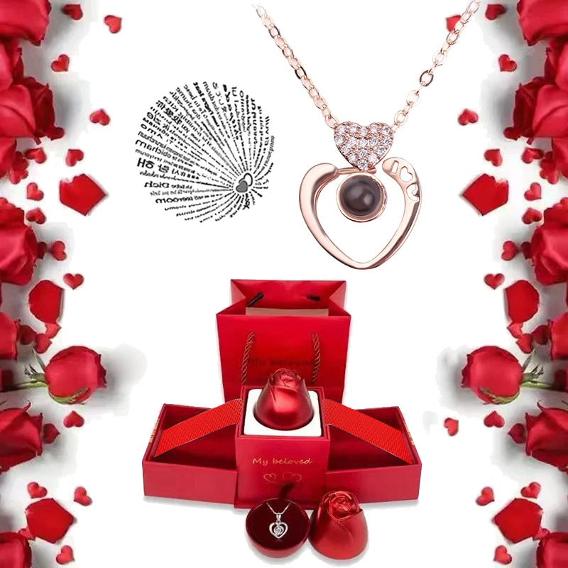 我愛你項鍊配玫瑰禮盒 100 種語言投影吊墜首飾 送給女朋友 2023 新款浪漫配件