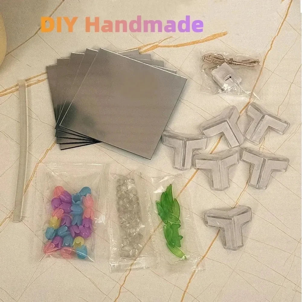 DIY鬱金香鏡面立方燈仿真花臥室睡覺檯燈手工藝鬱金香鏡面小夜燈生日禮物