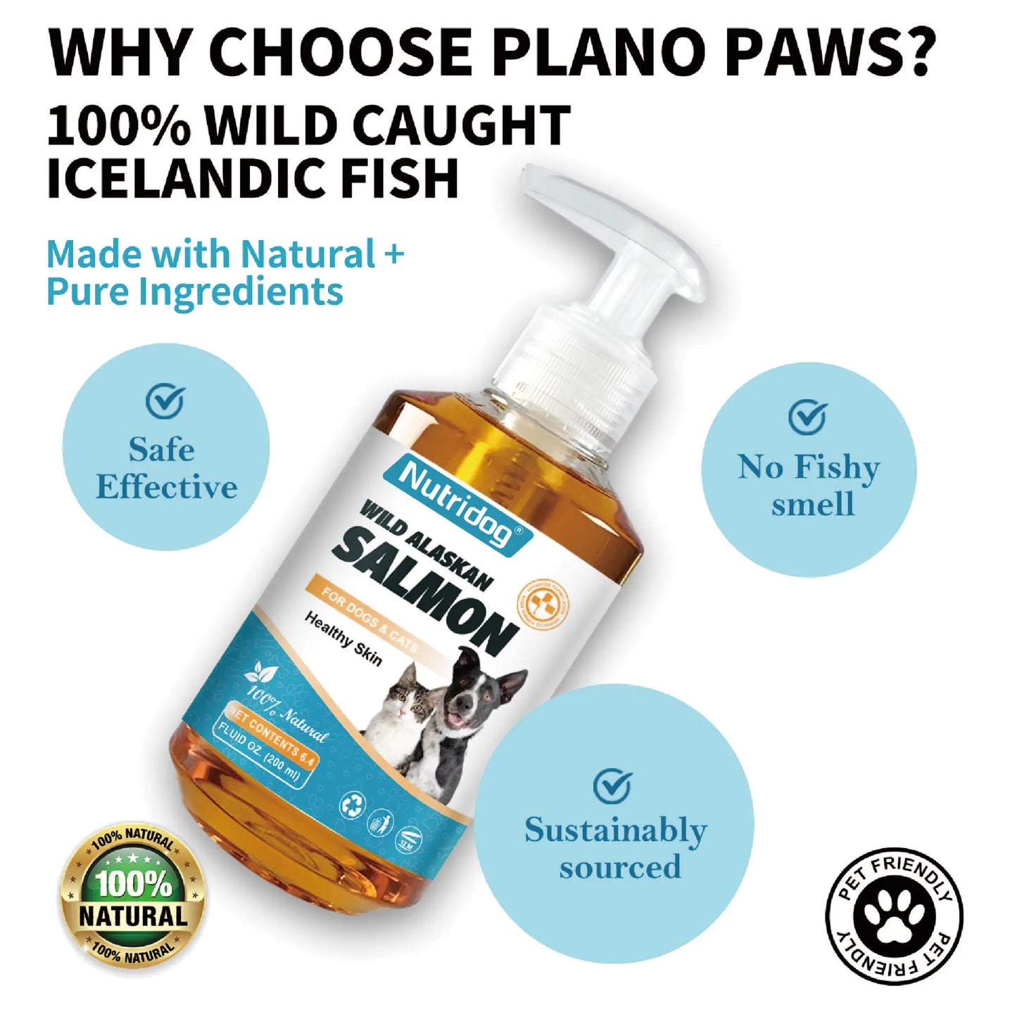 高效能 Omega-3 寵物皮膚和毛髮保健品,含天然野生阿拉斯加鮭魚油,適用於狗和貓 - 200 毫升