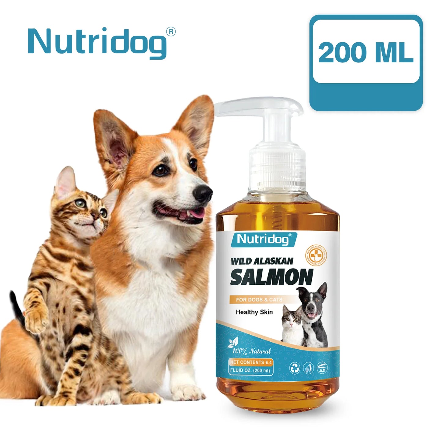 高效能 Omega-3 寵物皮膚和毛髮保健品,含天然野生阿拉斯加鮭魚油,適用於狗和貓 - 200 毫升