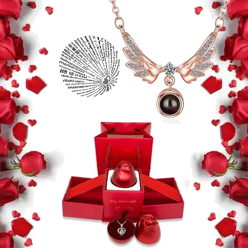 我愛你項鍊配玫瑰禮盒 100 種語言投影吊墜首飾 送給女朋友 2023 新款浪漫配件