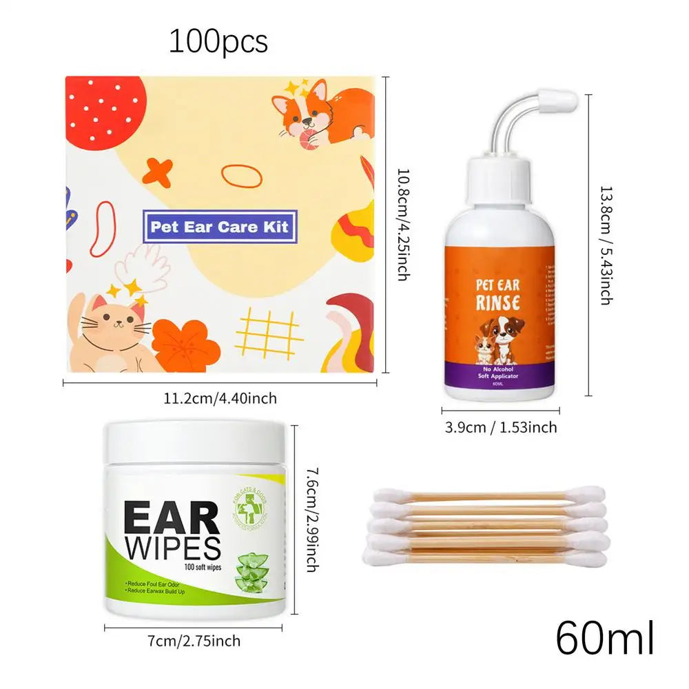 ペット用耳クリーナー 100個入り 子犬用耳掃除シートセット 除石灰液 60ml 家庭用 旅行用 ペットケア用品 かゆみ止め