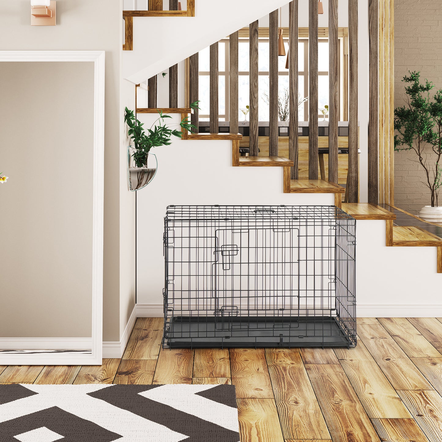 36吋鐵質可折疊帶隔板塑膠托盤黑色狗貓籠