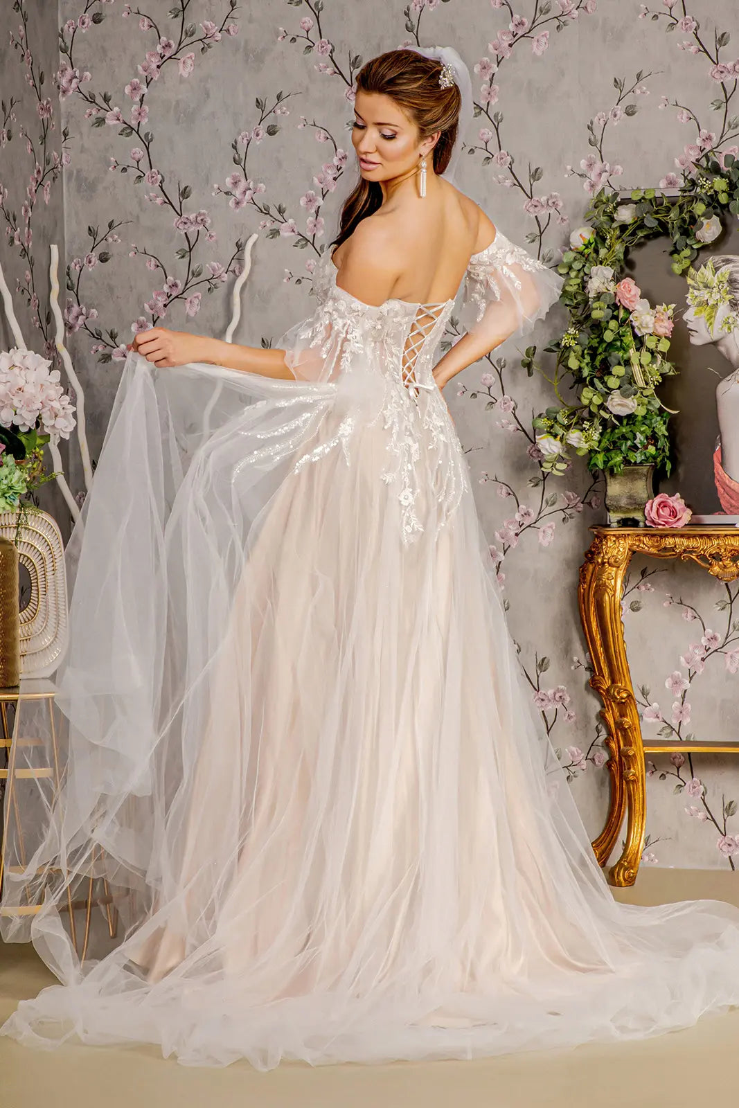 Sheer bodice mesh a line wedding gown w detachable short sleeves GLGL3427