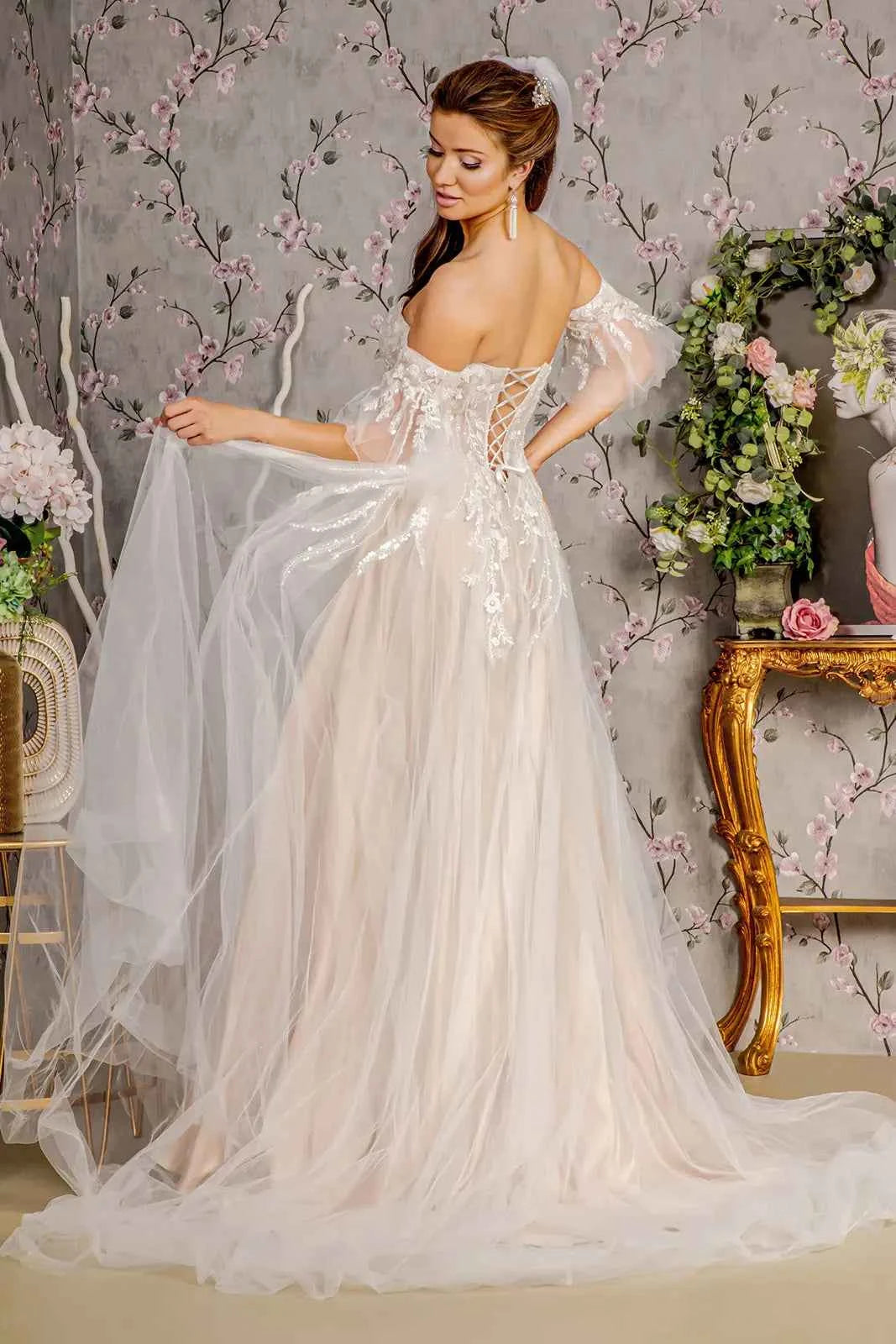 Sheer bodice mesh a line wedding gown w detachable short sleeves GLGL3427