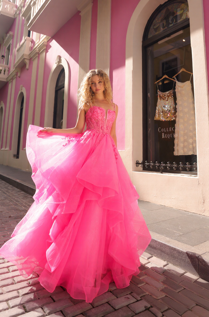 Sequins Embellished Long Prom Dress w/ Cascading Skirt & Floral Motif NXH1351