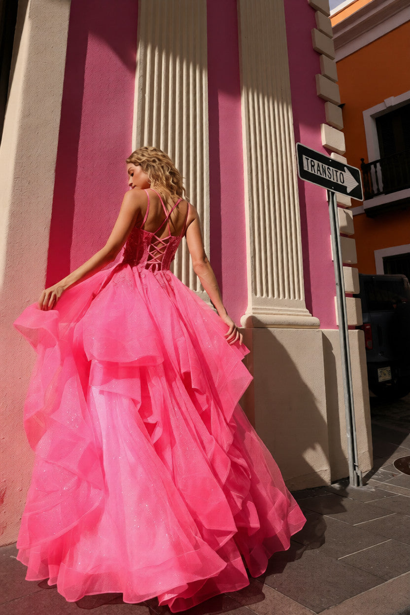 Sequins Embellished Long Prom Dress w/ Cascading Skirt & Floral Motif NXH1351