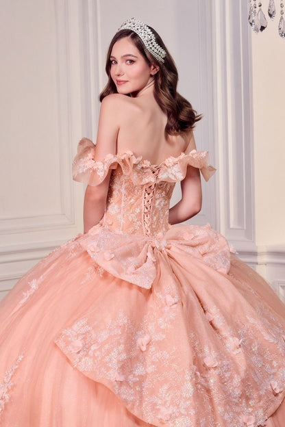Off The Shoulder Delicate Floral Applique Embellished Ceremonial Ball Gown w/ Corset Bodice CD15731