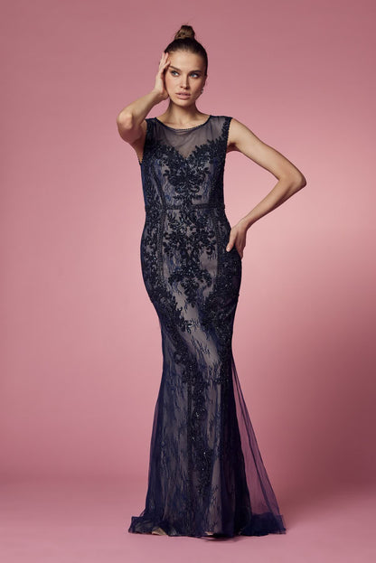 Floral Lace Embellished Long Sheath Gown w/ Delicate Beadwork NXE1006