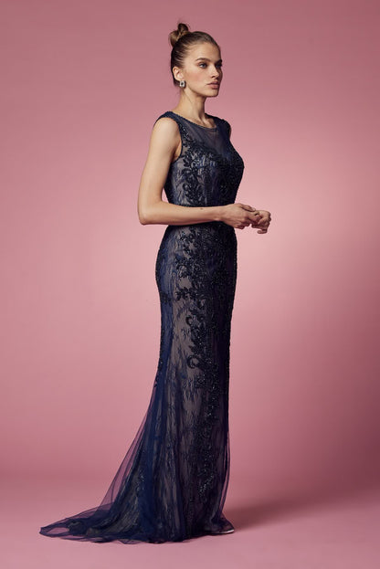 Floral Lace Embellished Long Sheath Gown w/ Delicate Beadwork NXE1006