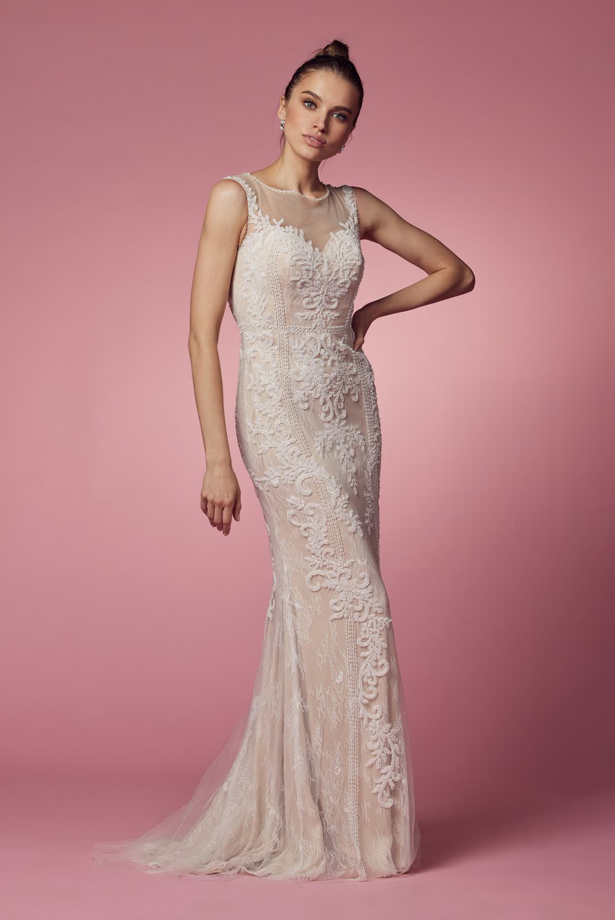 Floral Lace Embellished Long Sheath Gown w/ Delicate Beadwork NXE1006