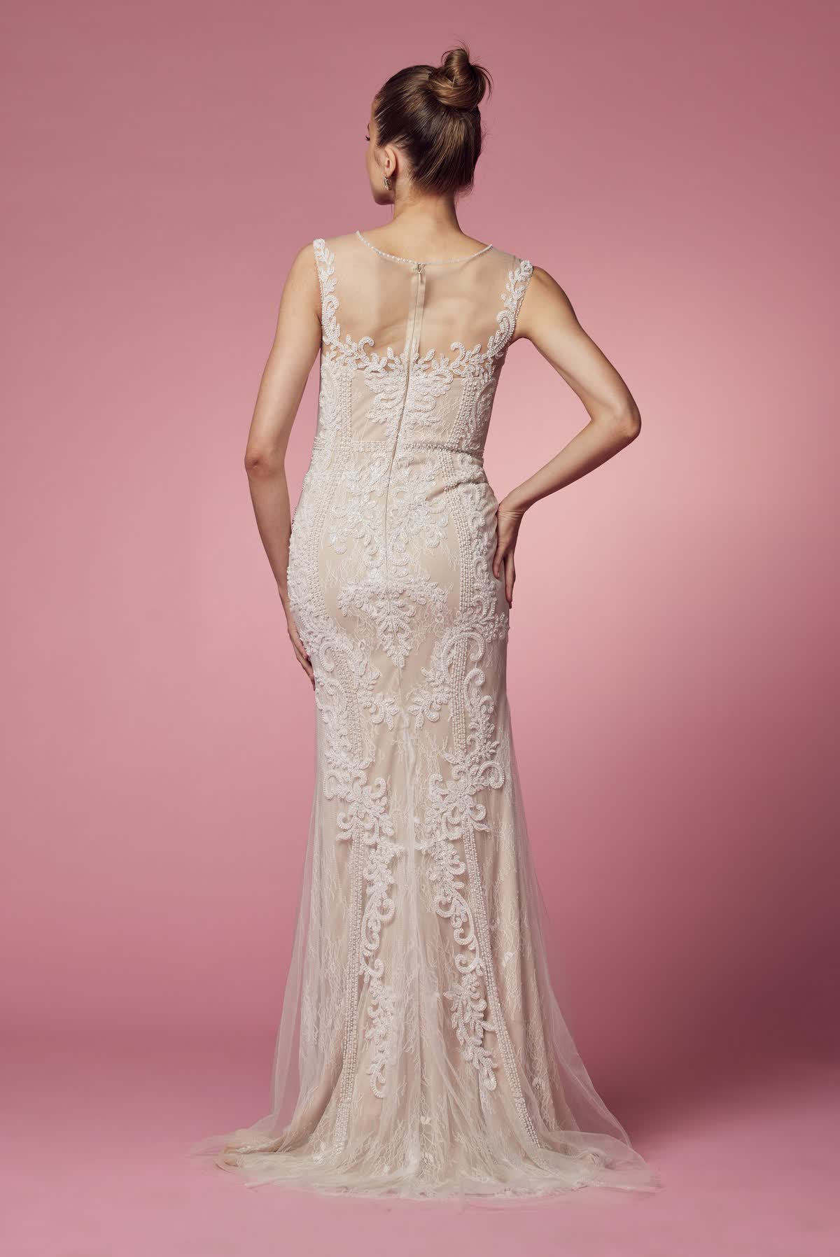 Floral Lace Embellished Long Sheath Gown w/ Delicate Beadwork NXE1006