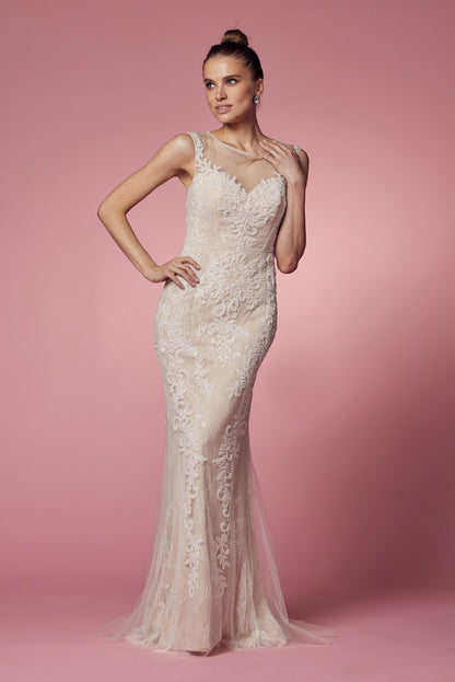 Floral Lace Embellished Long Sheath Gown w/ Delicate Beadwork NXE1006