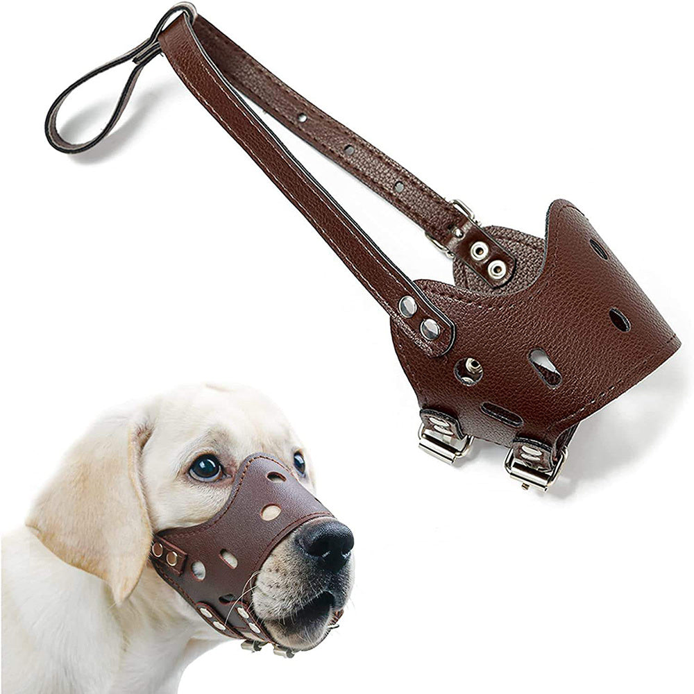 犬用口輪 レザー製 快適で安全な吠え防止口輪 小型・中型・大型犬用 通気性・調節可能 飲水・呼吸可能 首輪付き