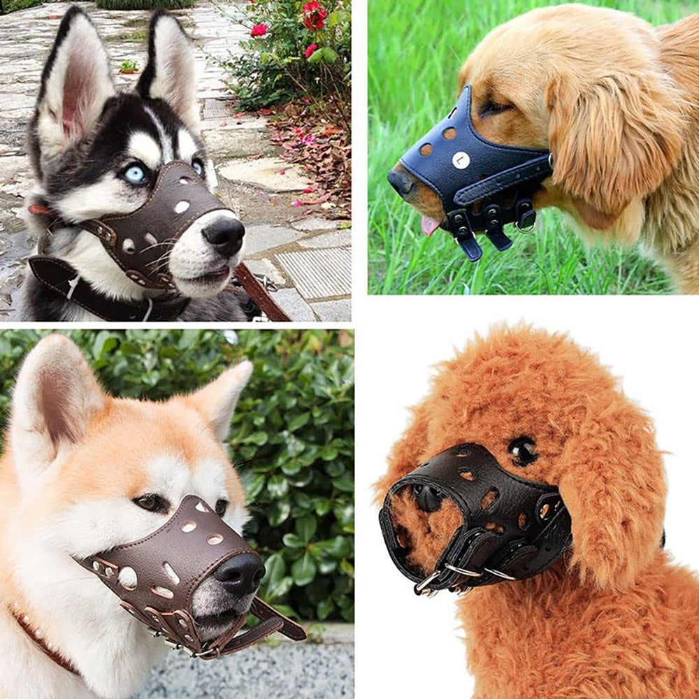 犬用口輪 レザー製 快適で安全な吠え防止口輪 小型・中型・大型犬用 通気性・調節可能 飲水・呼吸可能 首輪付き